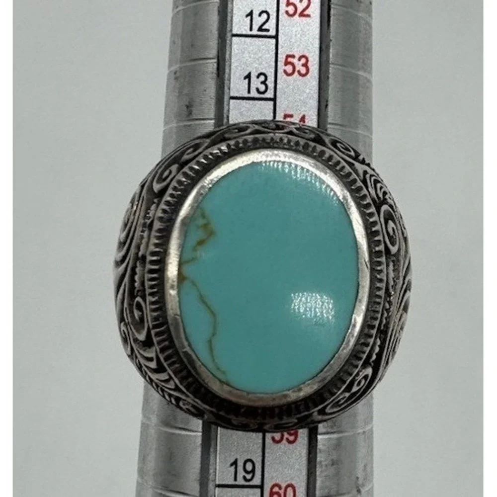 Southwestern 925 Silver Vintage Engraved Cigar Band Turquoise Inlay Ring Sz 8